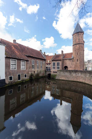 Medieval town wall Koppelpoort and the Eem river in Amersfoort, Netherlandsの写真素材