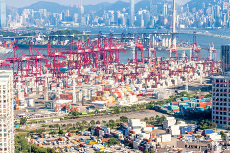 Hong Kong aerial view with its ports and sea commerce tradingのeditorial素材