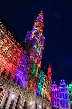 Brussels Grand Place by night and its multi colour showの写真素材