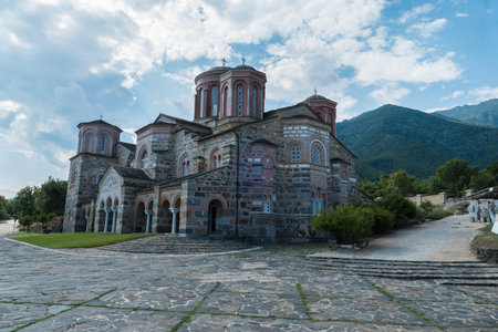 Lake Kerkini, Greece, July 12, 2021: The Timios Prodromos Monastery overlooking Lake Kerkini.のeditorial素材