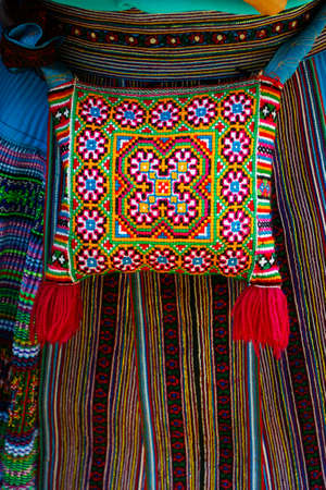 Detail traditional bag, costume, flower Mong, Vietnamの写真素材