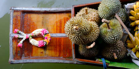 Durian on a boat floating market, Thailandの写真素材