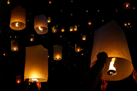 Flying candle during Loy krathong festival, Chiang Mai, Thailand