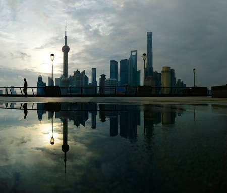 view of Pudong building in Shanghai, China, with refection on waterのeditorial素材