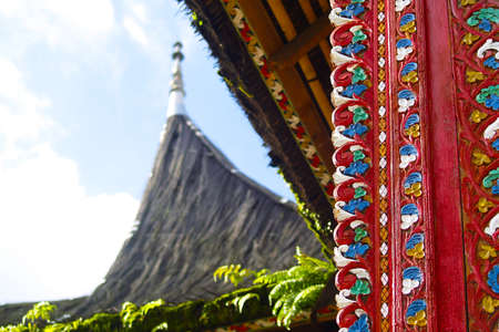 Tribal carved wood, decoration of traditional house in sumatra, Indonesia