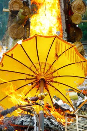 accessories and umbrella during cremation in Hindu temple in bali -indonesiaの写真素材