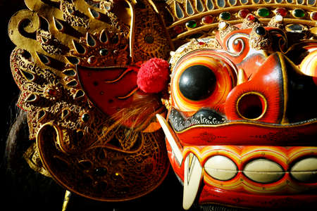 Wooden carved statue of Barong in Hindu temple in Bali-Indonesiaの写真素材
