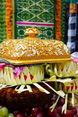 offering for ceremony in hindu temple in bali -indonesiaの写真素材