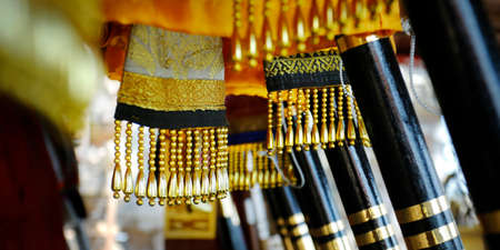 close up of umbrella in hindu temple in bali -indonesiaの写真素材