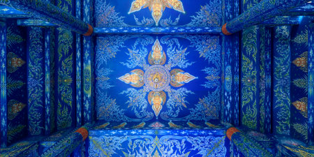 Detail of ceiling, in Wat Rong Suea Ten, Temple of the Dancing Tiger, in the blue buddhist temple -Chiang Rai-Thailandの写真素材