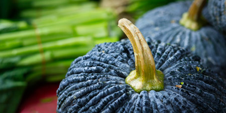 Close up of purple pumpkin sold in market in Bangkok-Thailandの写真素材