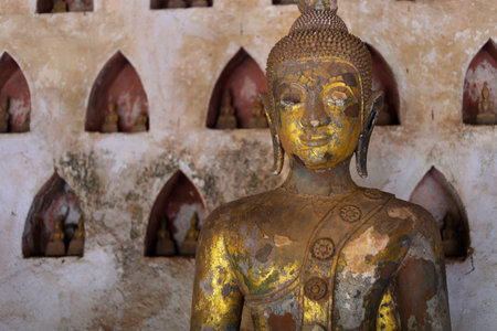 Ancient statue of buddha in Si Saket temple at Vientiane-Laosの写真素材