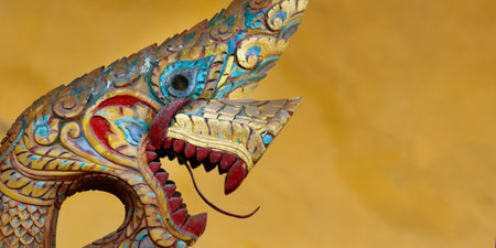 Colorful Antique carved head of dragon in the Si Saket temple - Vientiane-Laosの写真素材