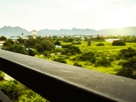 rail terrace see sky and mountain in the morningの写真素材