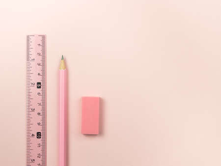 pink pencil and ruler and eraserの写真素材
