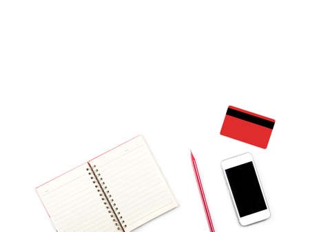 Shopping Online on Modern white desk and table office with credit card and note and other supplies,...
