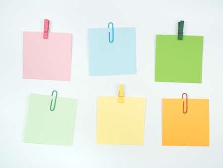 Note all colorful paper set with paperclip, collection on white background