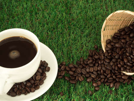 Cup of coffee and coffee beans on wooden spoon and and biscuit on grass green backgroundの写真素材
