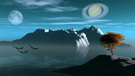 fantasy landscape showing saturnの写真素材
