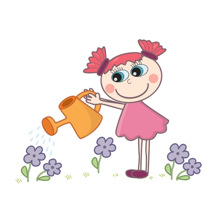 A little cartoon girl watering flowersのイラスト素材