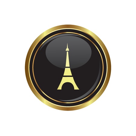 Round golden button with Eiffel tower icon. Vector illustrationのイラスト素材