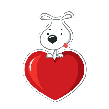 A funny dog sitting on the red heart  Sticker  Vector illustrationのイラスト素材
