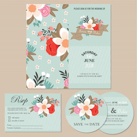 Set of wedding invitation cards or announcements with beautiful flowers  invitation, save the date card, RSVP card のイラスト素材