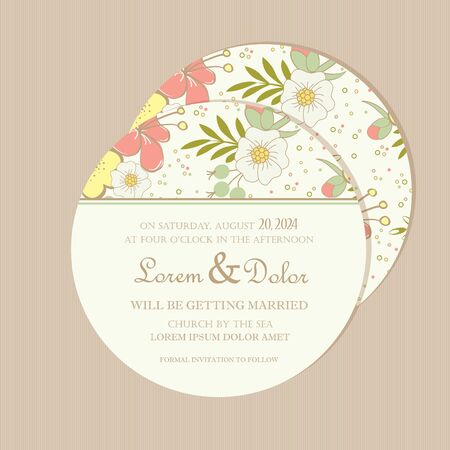 Round, double-sided floral wedding invitation or announcement card  のイラスト素材