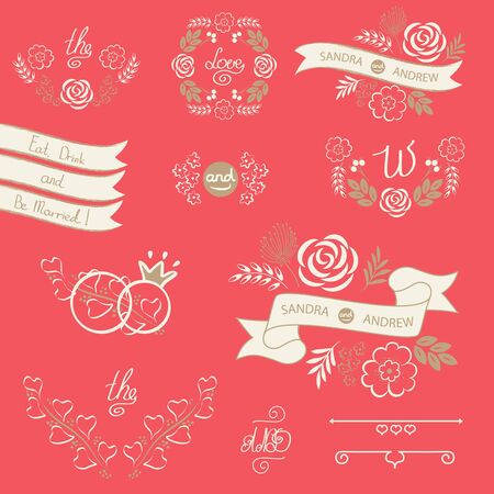 Set of wedding design elements on pink backgroundのイラスト素材