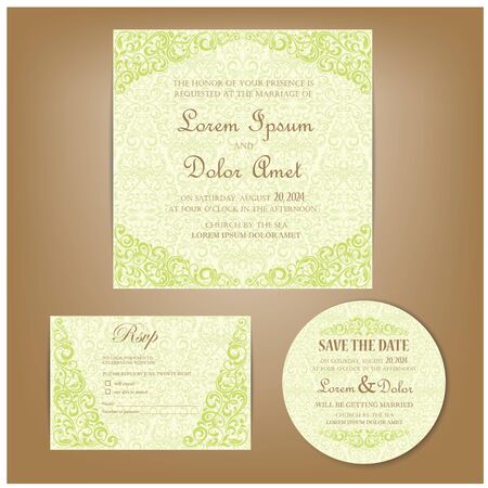 Set of vintage wedding invitation cards or announcements (invitation, save the date card, RSVP card).のイラスト素材