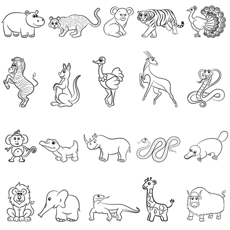 Cute outlined zoo animals collection. Vector illustration.のイラスト素材