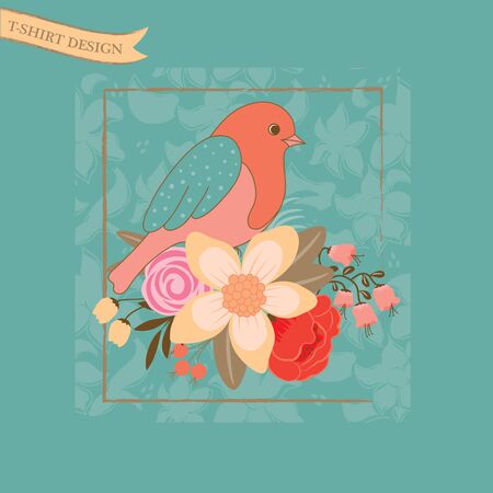 Vintage invitation card with bird and flowersのイラスト素材