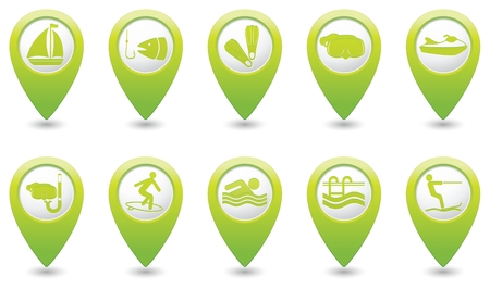 Summer Sport And Vacation Icons On Green Map Pointersのイラスト素材