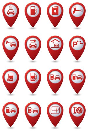 Red map pointers with car service and gas station icons. Vector illustrationのイラスト素材