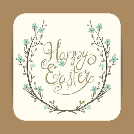 Easter greeting card. Spring wreath with flowers. Happy easter hand lettering. Vector illustrationのイラスト素材