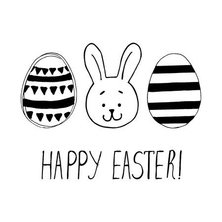 Easter greeting card with easter eggs and bunny face doodles. Hand lettering. Vector illustrationのイラスト素材