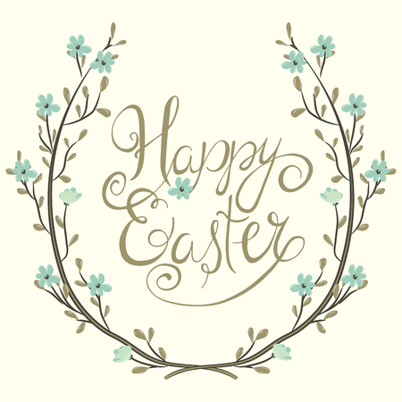 Easter greeting card. Spring wreath with flowers. Happy easter hand lettering. Vector illustrationのイラスト素材