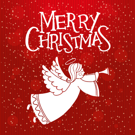 Christmas greeting card with cute flying angel and flute. Vector illustrationのイラスト素材