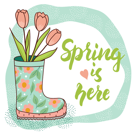 Spring card with rain boot and tulips. Vector illustrationのイラスト素材