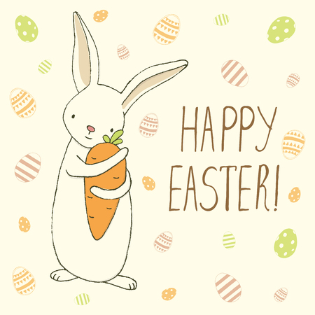 Easter greeting card with easter eggs and bunny doodles. Hand lettering. Vector illustrationのイラスト素材
