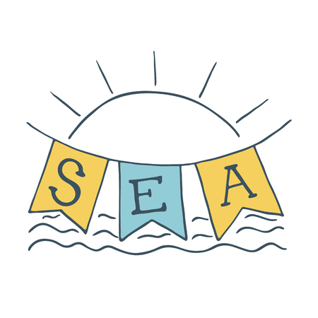 Summer time. Vector illustration of sun icon and sea. Logo design for banner, poster, flyer, cover, brochure.のイラスト素材