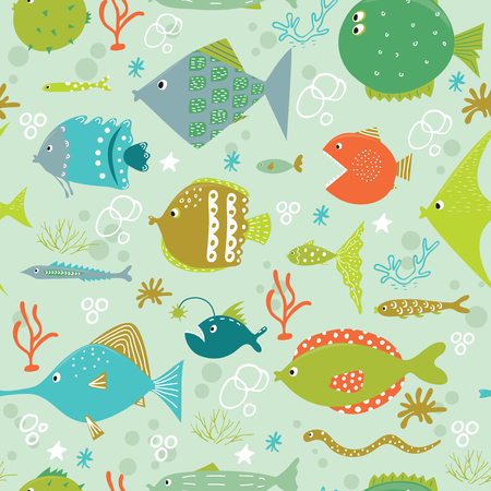 Vector seamless pattern with cute fishesのイラスト素材
