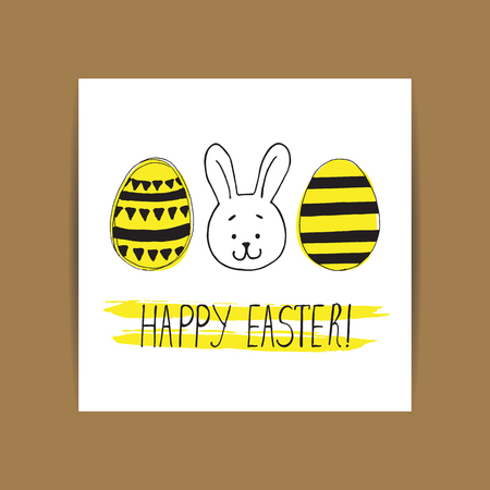 Easter greeting card with easter eggs and bunny doodles. Hand lettering. Vector illustration



のイラスト素材