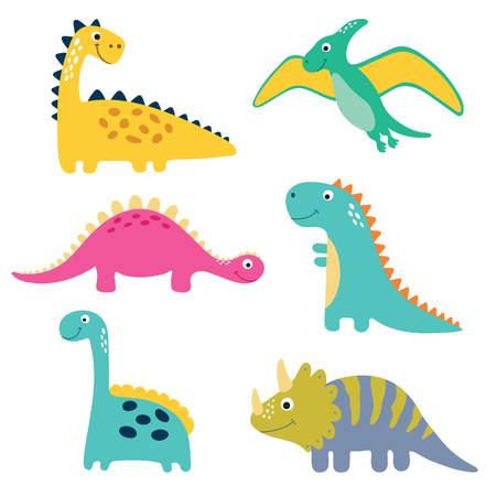 Cute dino illustrations set on white backgroundのイラスト素材