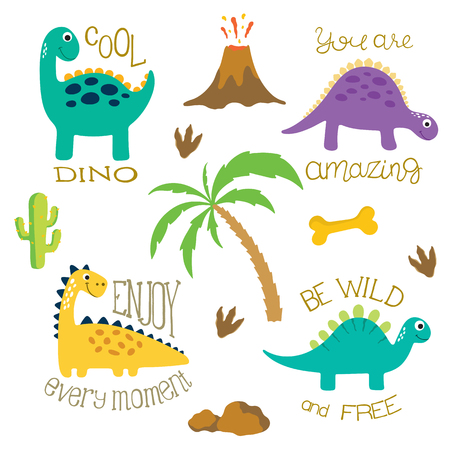 Cute dino illustrations set on white backgroundのイラスト素材