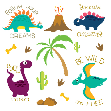 Cute dino illustrations set on white backgroundのイラスト素材