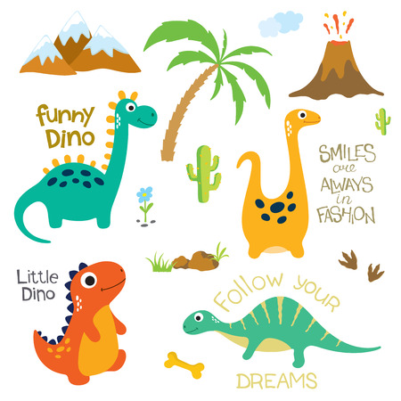 Dinosaur footprint, Volcano, Palm tree, Stones, Bone and other design elements. Vector illustrationのイラスト素材