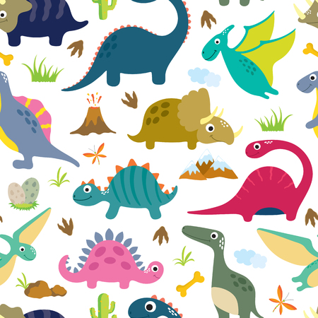 Cute dino seamless pattern vector illustrations on white backgroundのイラスト素材