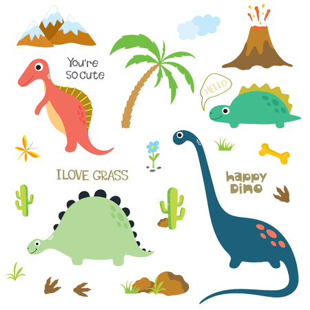 Dinosaur footprint, Volcano, Palm tree, Stones, Bone and Cactus. Vector illustrationのイラスト素材