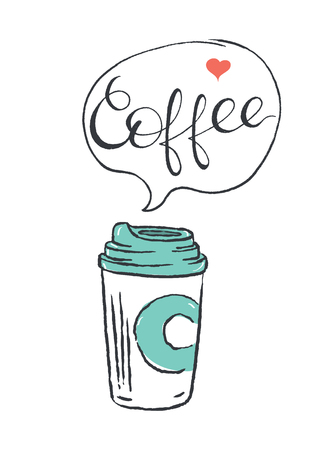 Doodle of disposable coffee cup. Stylized Lettering. Vector Illustrationのイラスト素材